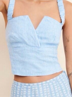 Anthropologie Sky Blue Linen-Blend V-Notch Crop Top